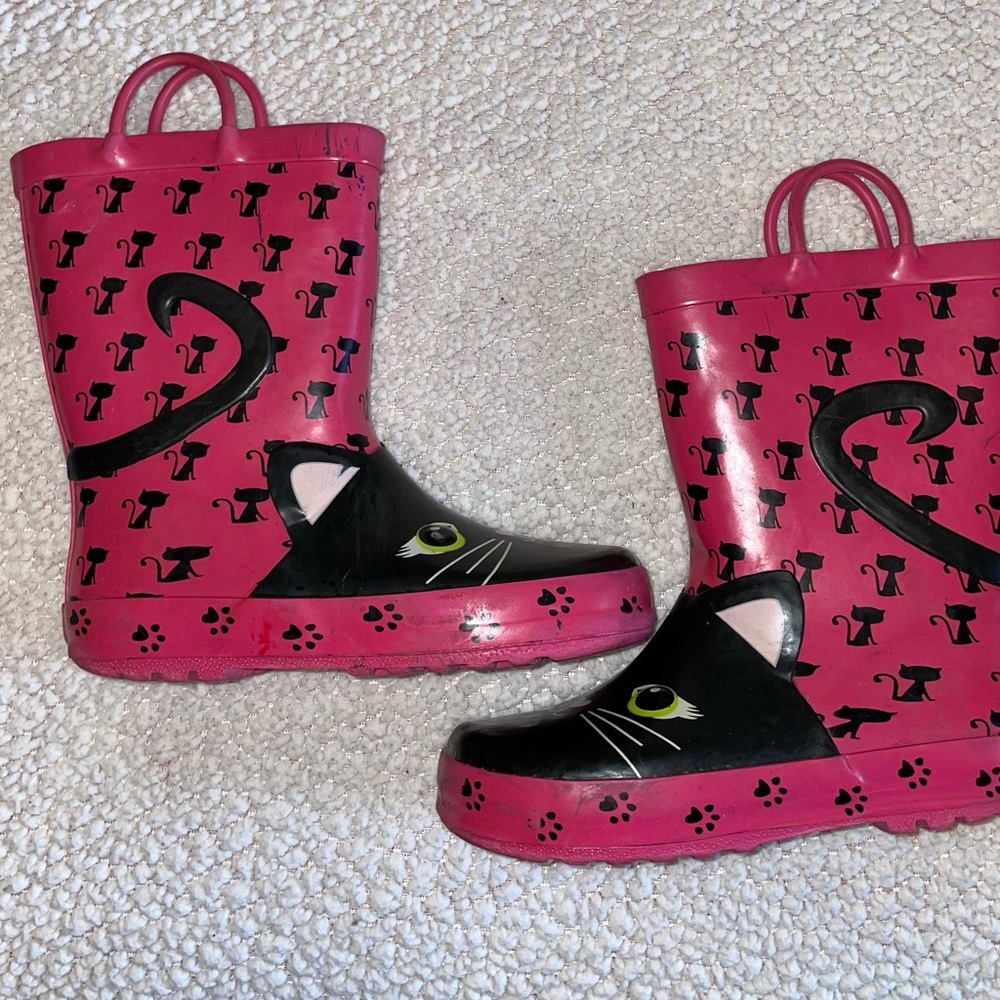Pink and Black Cat Girls Rain Boots. Size 13